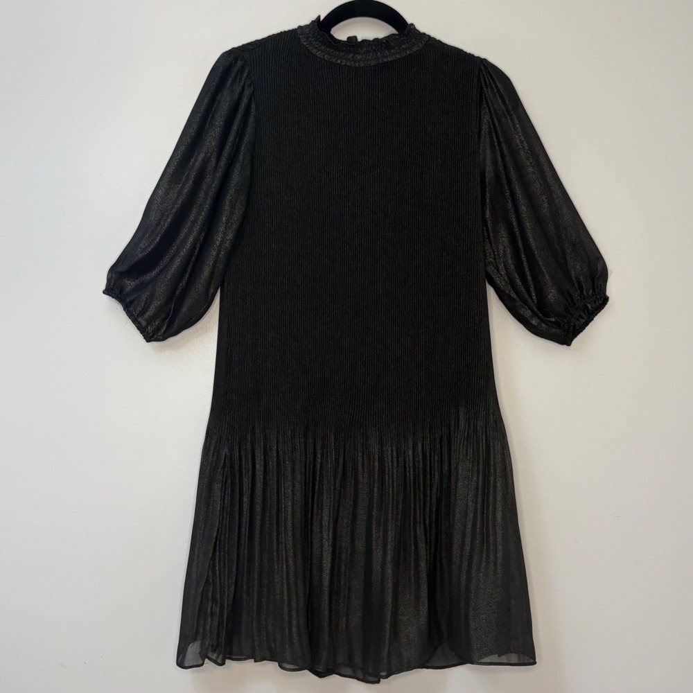 Nanette Lepore Black Metallic Plisse Pleated Puff Sleeve Shift Dress Size 4